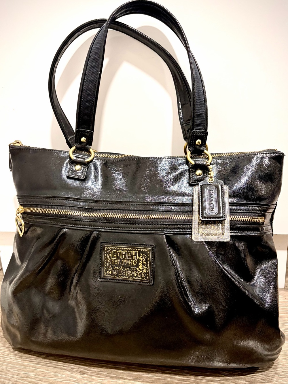 Coach Poppy Black Patent Leather Tote Bag with Zip Pocket